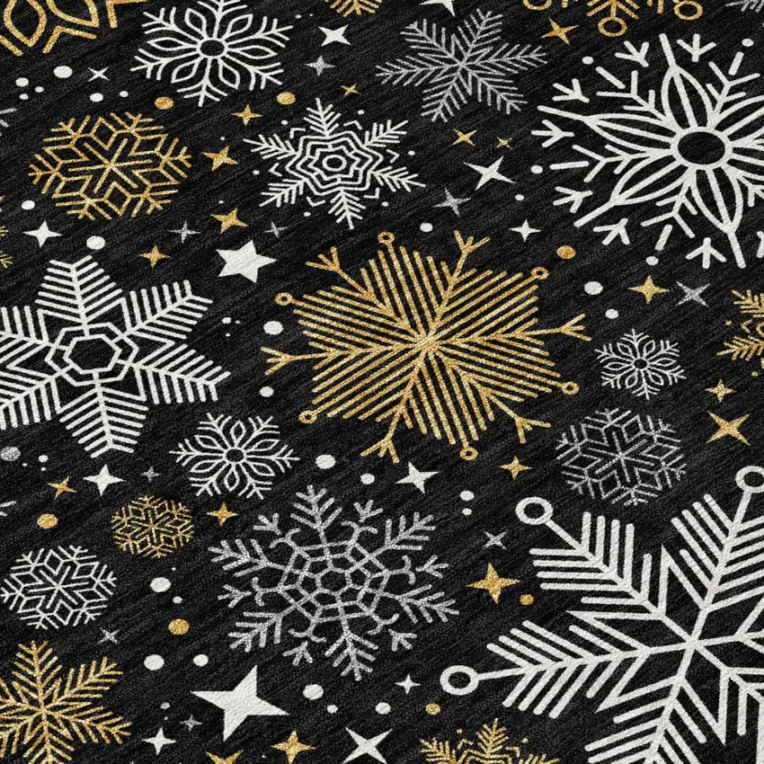 Black Gold And Gray Snowflake Washable Indoor Outdoor Area Rug Photo 3