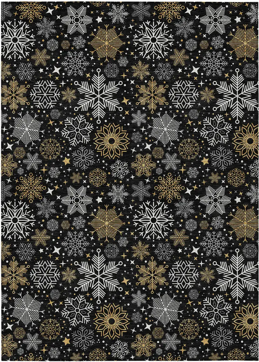 Black Gold And Gray Snowflake Washable Indoor Outdoor Area Rug Photo 9