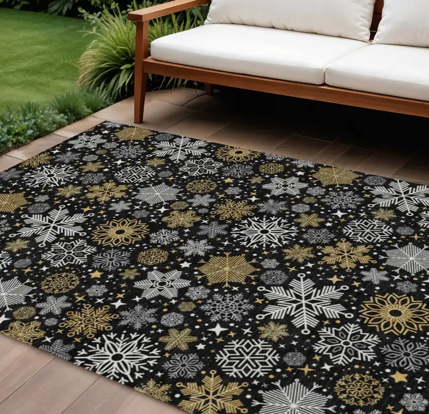 Black Gold And Gray Snowflake Washable Indoor Outdoor Area Rug Photo 1