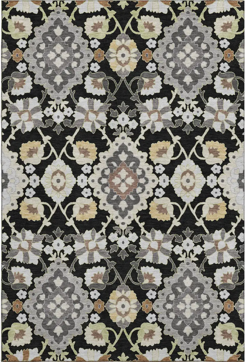 Black Gold And Gray Oriental Washable Area Rug With UV Protection Photo 1
