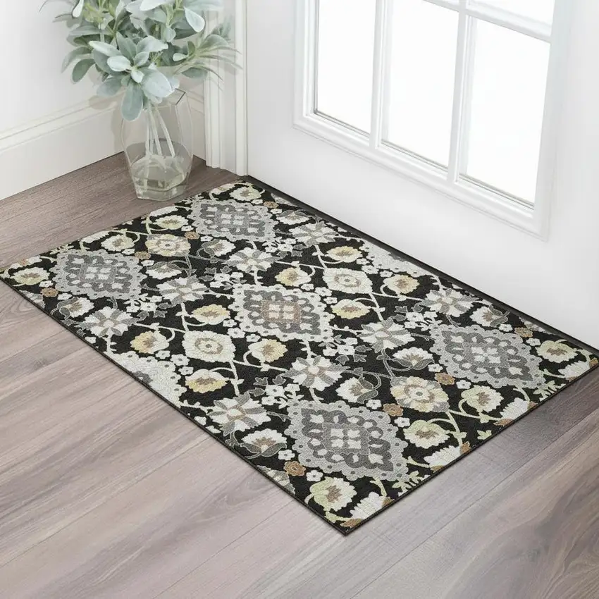 Black Gold And Gray Oriental Washable Area Rug With UV Protection Photo 2
