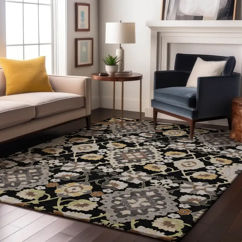 Black Gold And Gray Oriental Washable Area Rug With UV Protection Photo 4