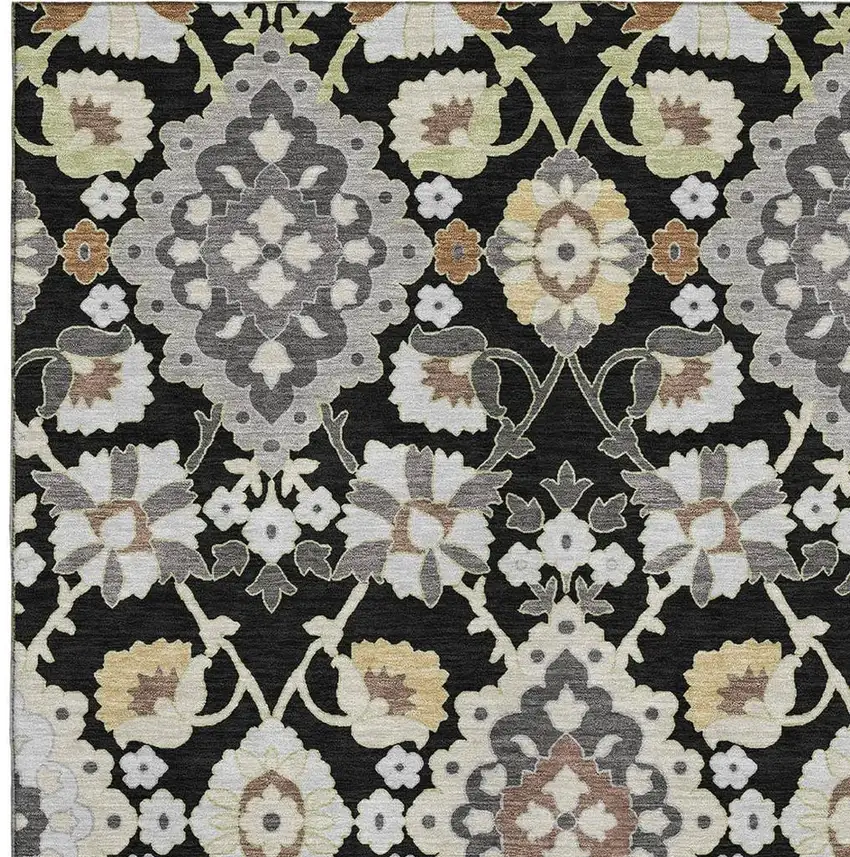 Black Gold And Gray Oriental Washable Area Rug With UV Protection Photo 2