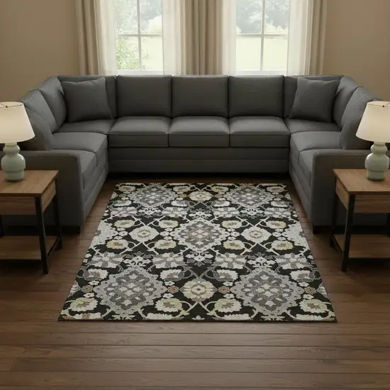 Black Gold And Gray Oriental Washable Area Rug With UV Protection Photo 2
