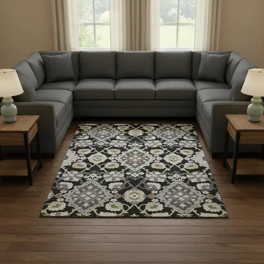 Black Gold And Gray Oriental Washable Area Rug With UV Protection Photo 2