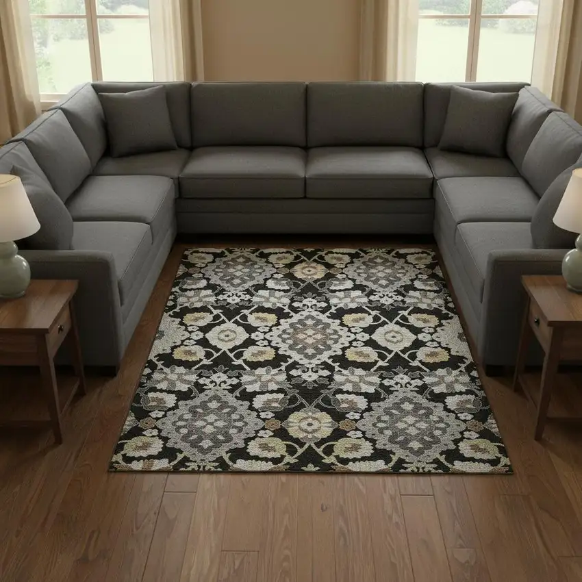 Black Gold And Gray Oriental Washable Area Rug With UV Protection Photo 2