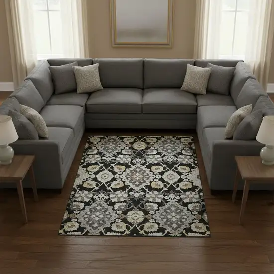 Black Gold And Gray Oriental Washable Area Rug With UV Protection Photo 2