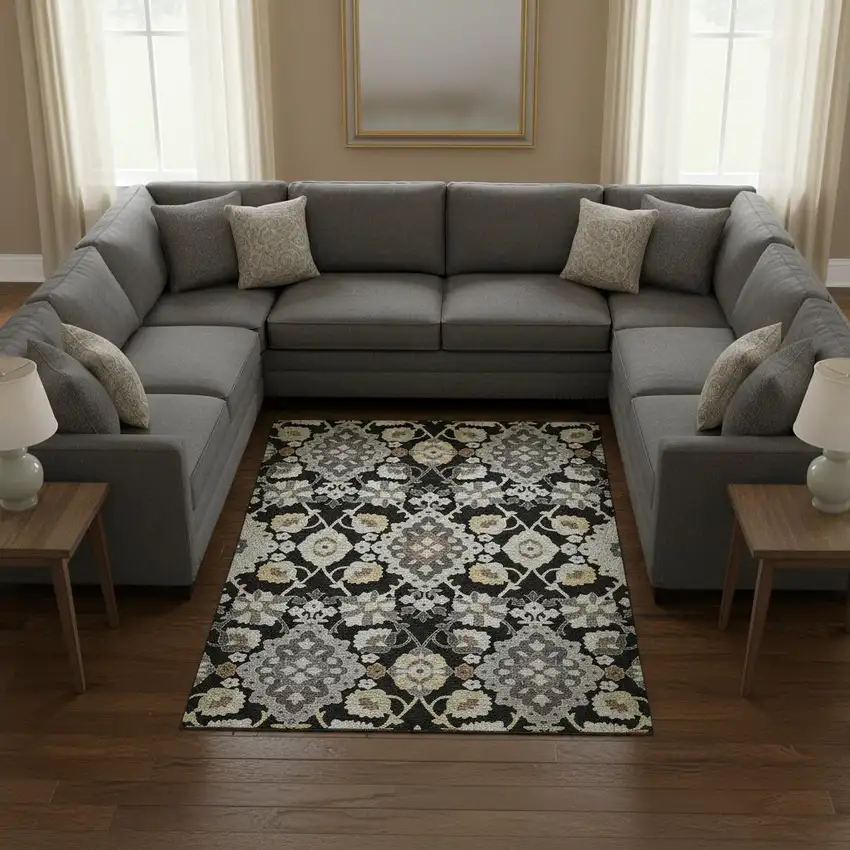 Black Gold And Gray Oriental Washable Area Rug With UV Protection Photo 2