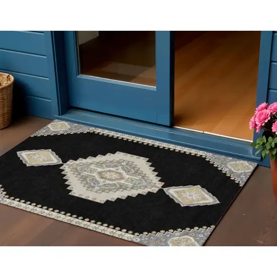 Black Gold And Gray Oriental Washable Indoor Outdoor Area Rug Photo 1