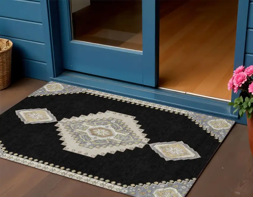 Black Gold And Gray Oriental Washable Indoor Outdoor Area Rug Photo 1