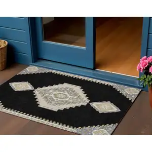 Photo of Black Gold And Gray Oriental Washable Indoor Outdoor Area Rug