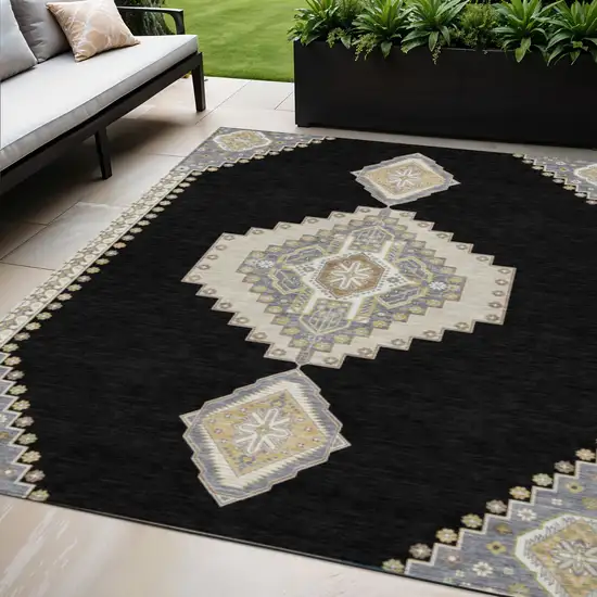 Black Gold And Gray Oriental Washable Indoor Outdoor Area Rug Photo 1
