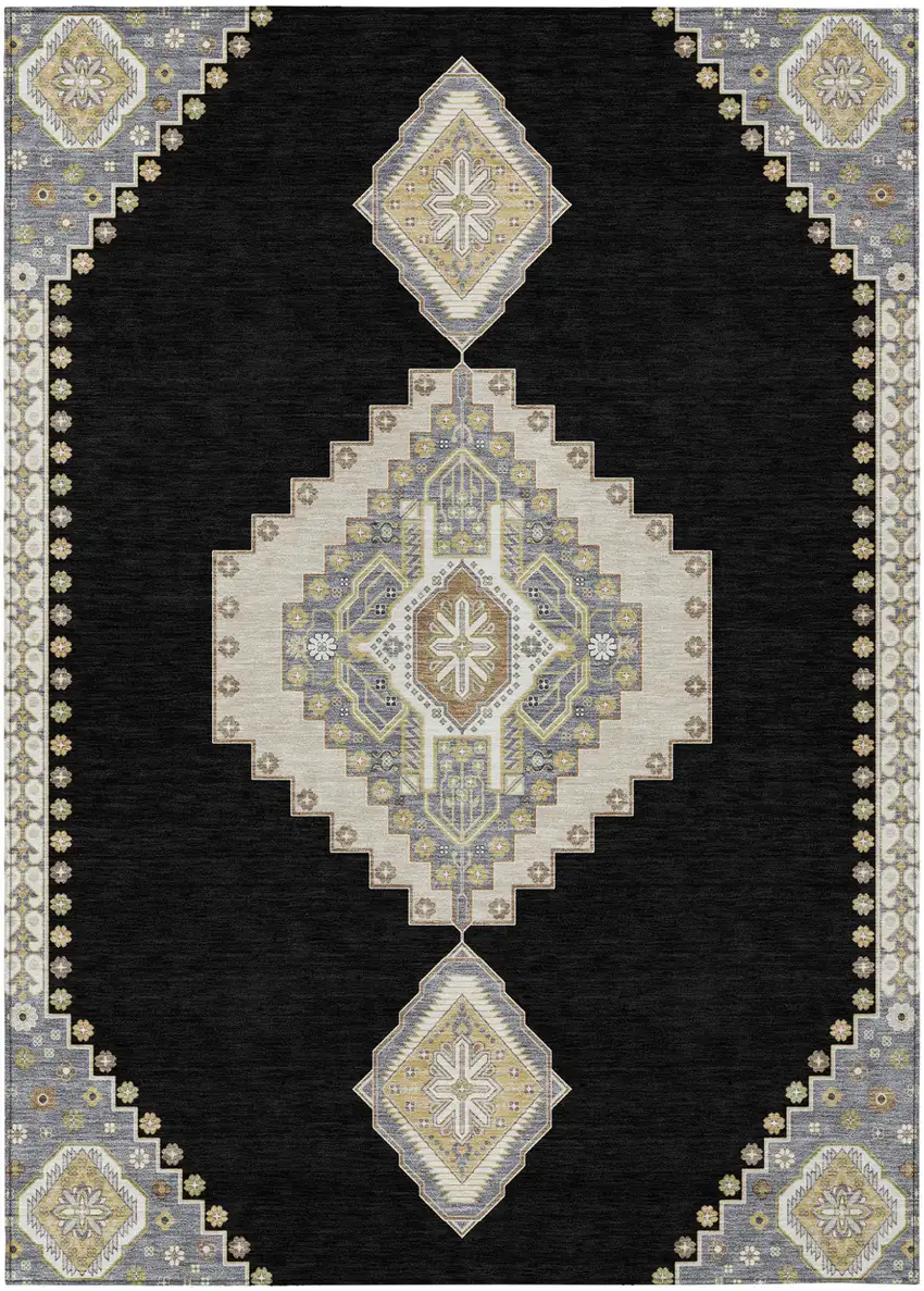 Black Gold And Gray Oriental Washable Indoor Outdoor Area Rug Photo 2