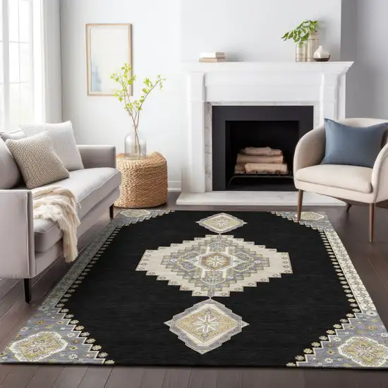 Black Gold And Gray Oriental Washable Indoor Outdoor Area Rug Photo 9