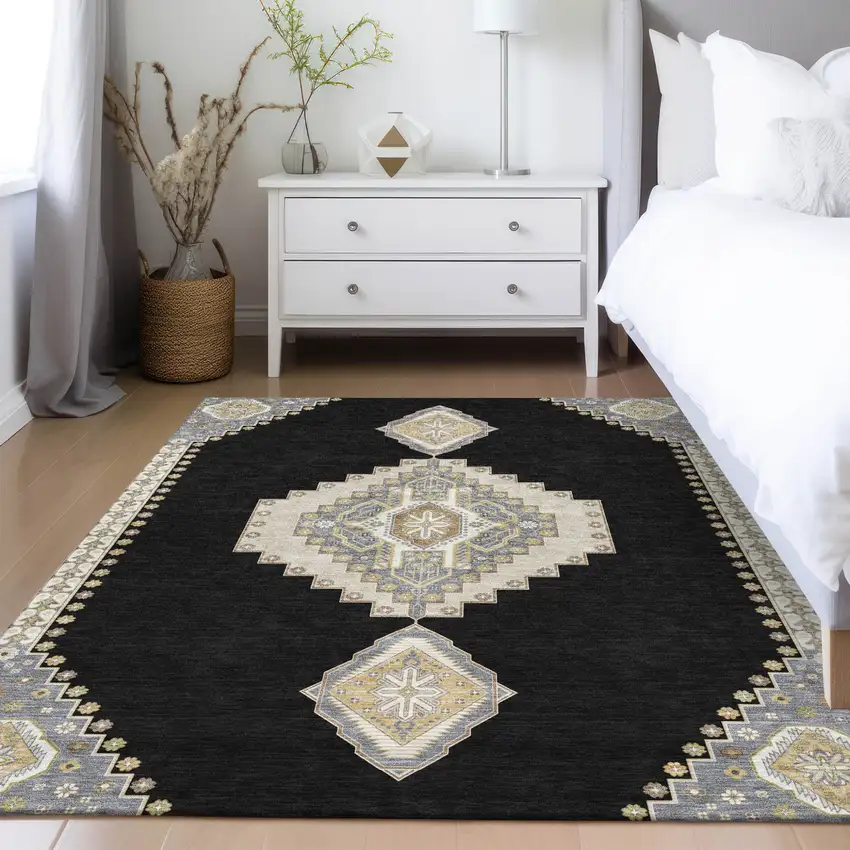 Black Gold And Gray Oriental Washable Indoor Outdoor Area Rug Photo 9