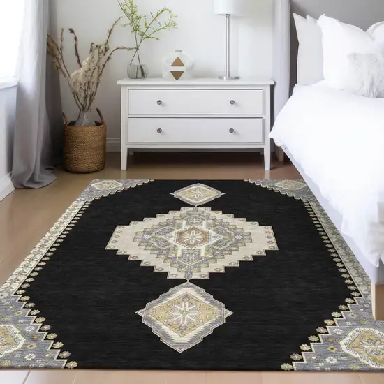 Black Gold And Gray Oriental Washable Indoor Outdoor Area Rug Photo 9
