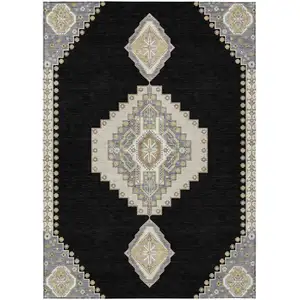 Photo of Black Gold And Gray Oriental Washable Indoor Outdoor Area Rug