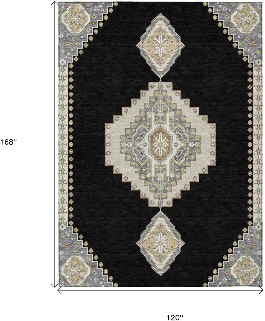 Black Gold And Gray Oriental Washable Indoor Outdoor Area Rug Photo 3