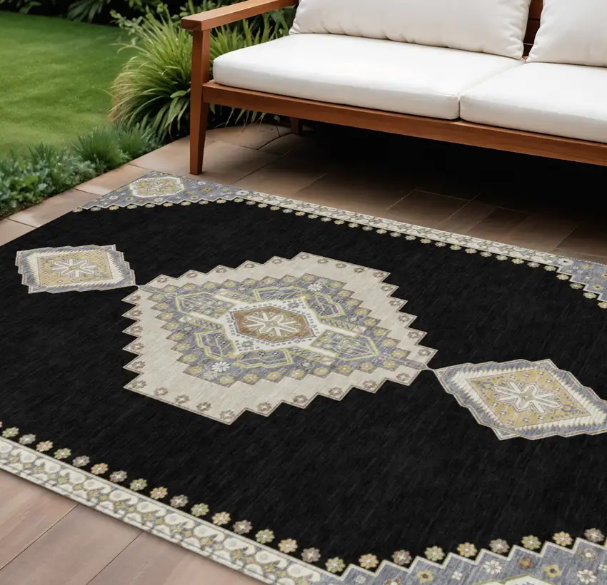 Black Gold And Gray Oriental Washable Indoor Outdoor Area Rug Photo 1