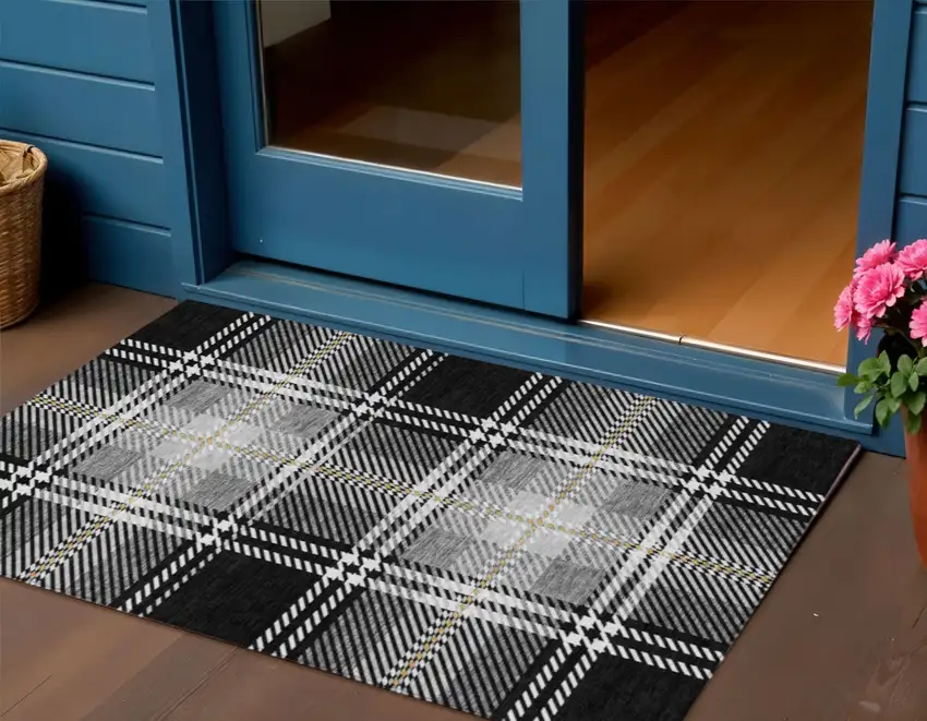 Black Gold And Gray Plaid Washable Indoor Outdoor Area Rug Photo 1