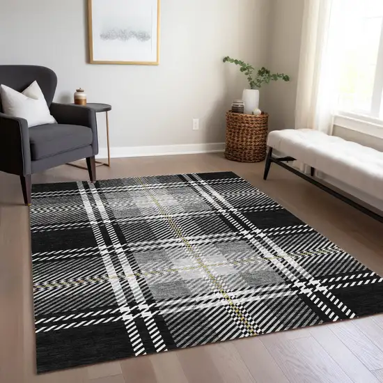 Black Gold And Gray Plaid Washable Indoor Outdoor Area Rug Photo 8