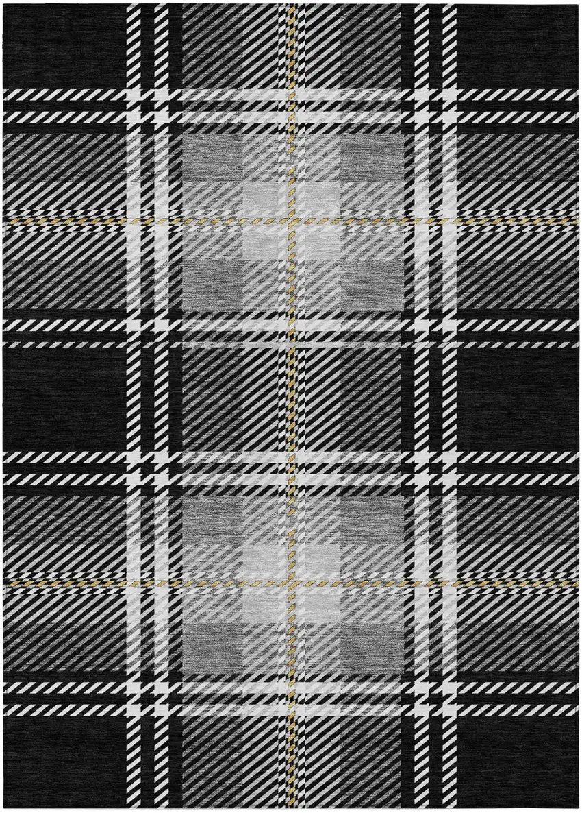 Black Gold And Gray Plaid Washable Indoor Outdoor Area Rug Photo 2