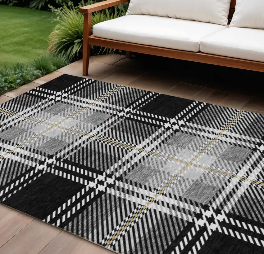 Black Gold And Gray Plaid Washable Indoor Outdoor Area Rug Photo 1