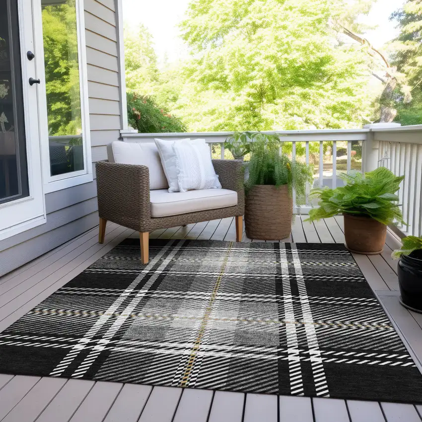 Black Gold And Gray Plaid Washable Indoor Outdoor Area Rug Photo 6