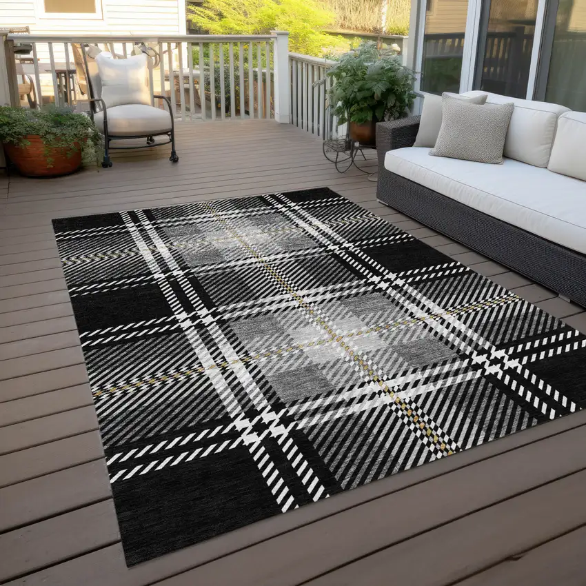 Black Gold And Gray Plaid Washable Indoor Outdoor Area Rug Photo 9