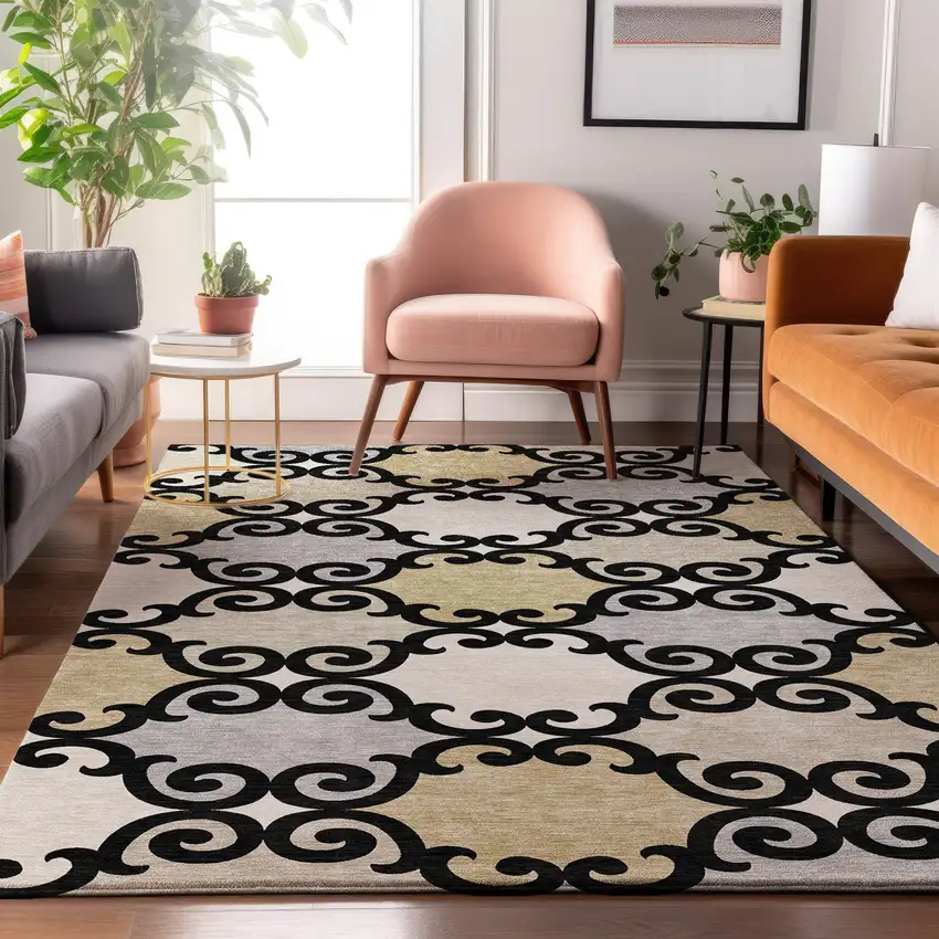 Black Gold And Gray Trellis Washable Area Rug With UV Protection Photo 4
