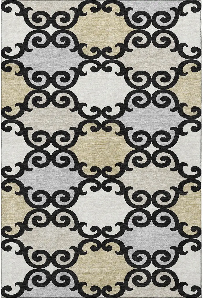 Black Gold And Gray Trellis Washable Area Rug With UV Protection Photo 3