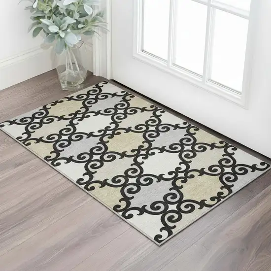 Black Gold And Gray Trellis Washable Area Rug With UV Protection Photo 2