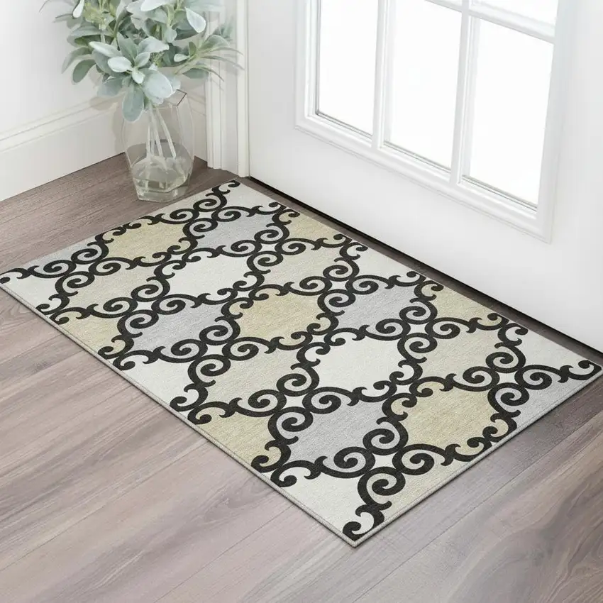 Black Gold And Gray Trellis Washable Area Rug With UV Protection Photo 2