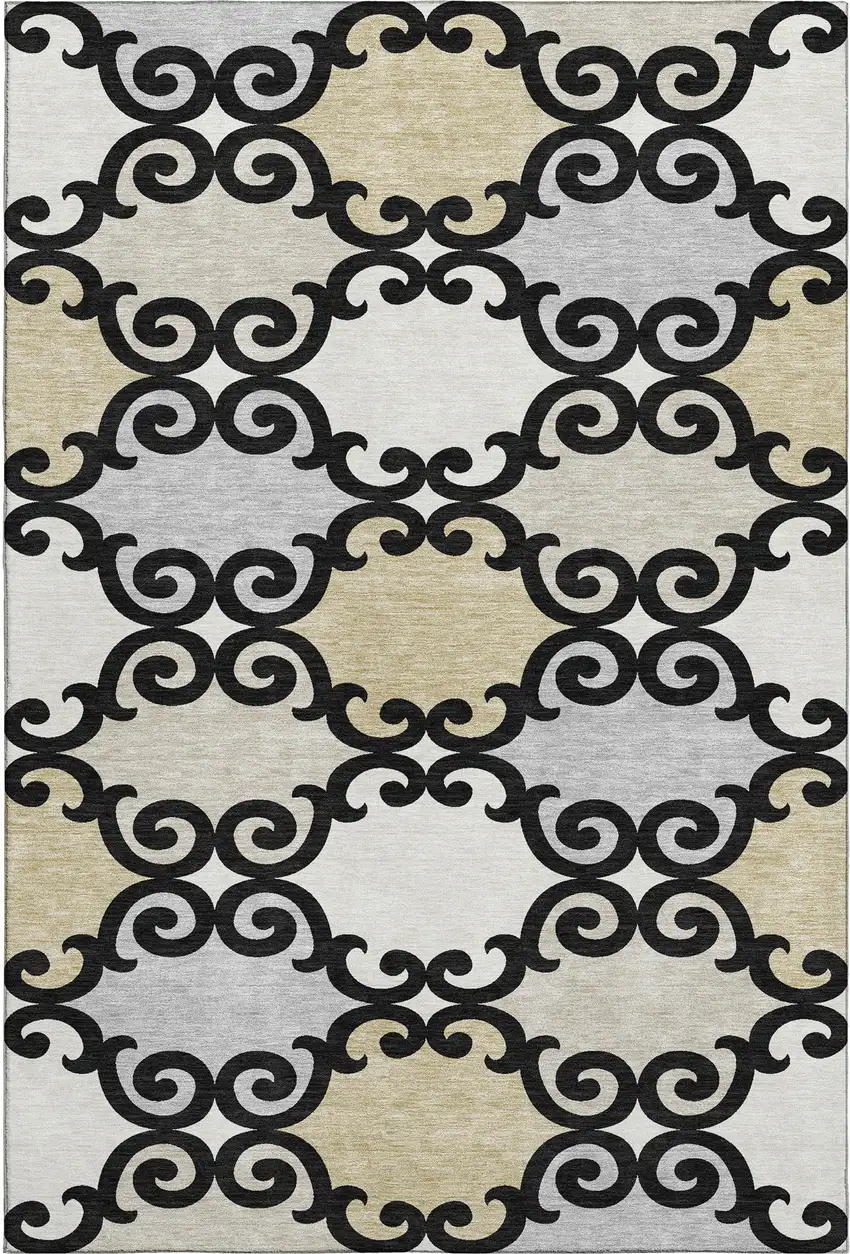 Black Gold And Gray Trellis Washable Area Rug With UV Protection Photo 1