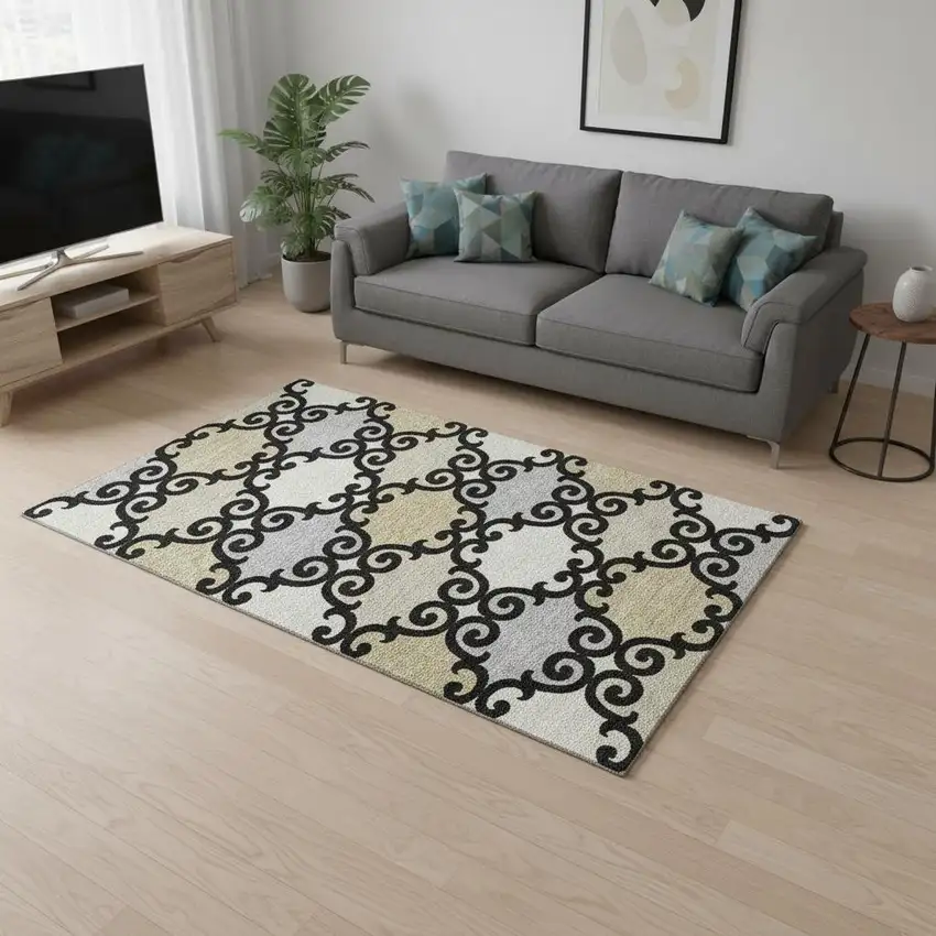 Black Gold And Gray Trellis Washable Area Rug With UV Protection Photo 2