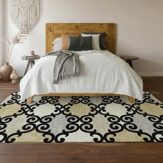 Black Gold And Gray Trellis Washable Area Rug With UV Protection Photo 6