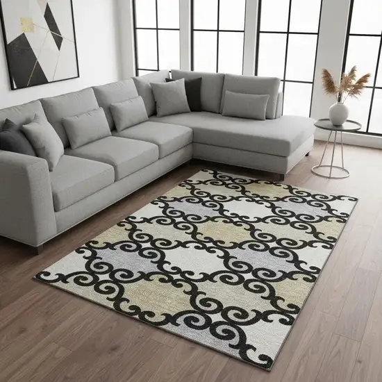 Black Gold And Gray Trellis Washable Area Rug With UV Protection Photo 2
