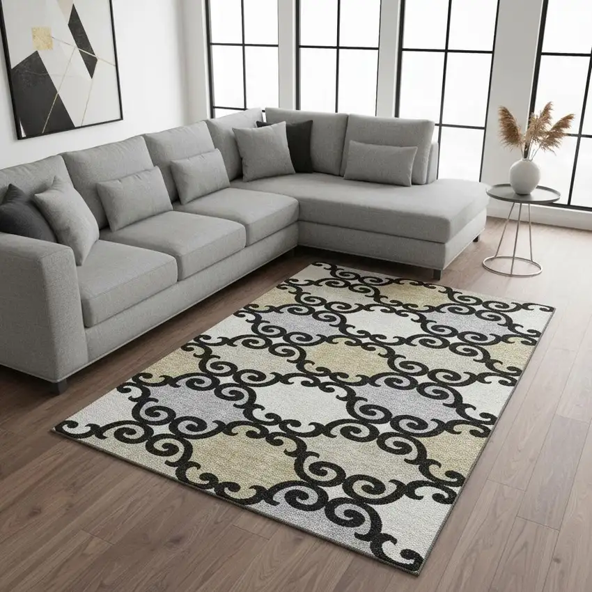 Black Gold And Gray Trellis Washable Area Rug With UV Protection Photo 2