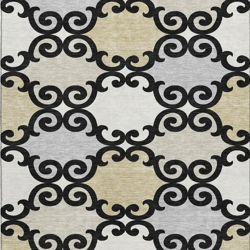 Black Gold And Gray Trellis Washable Area Rug With UV Protection Photo 4