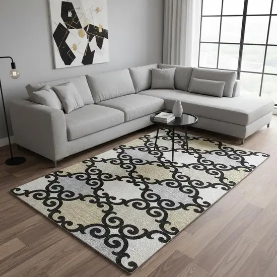 Black Gold And Gray Trellis Washable Area Rug With UV Protection Photo 2