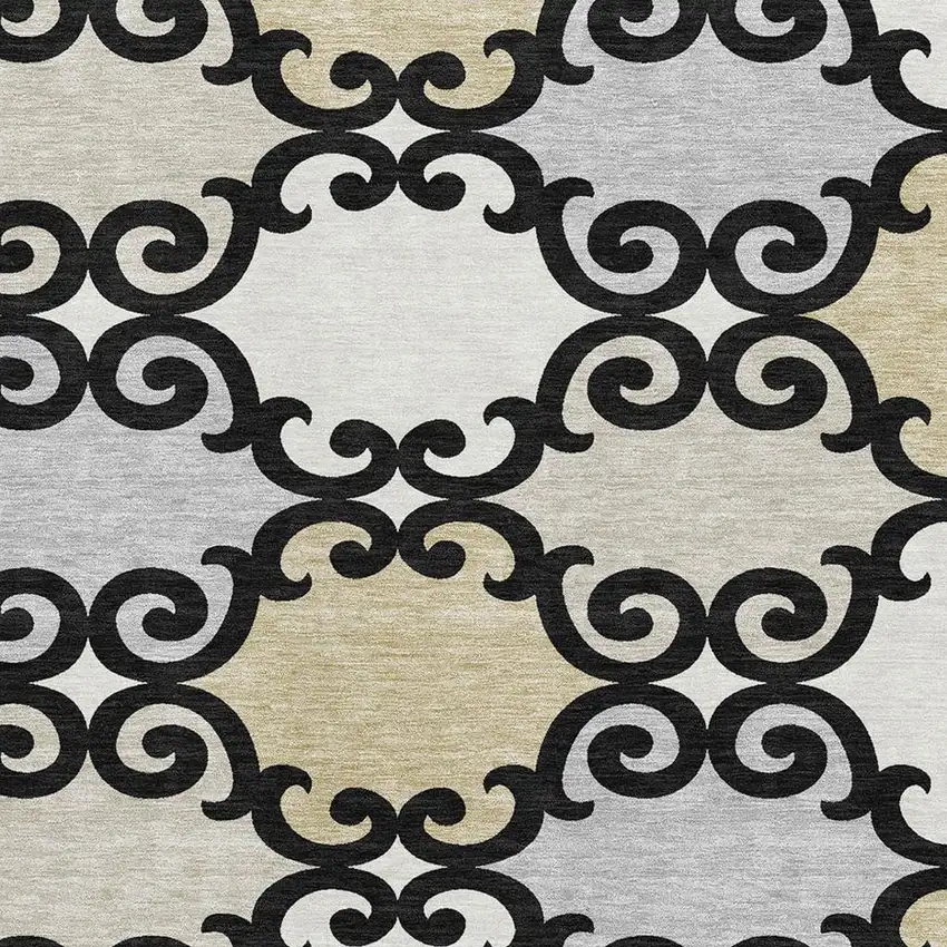 Black Gold And Gray Trellis Washable Area Rug With UV Protection Photo 3