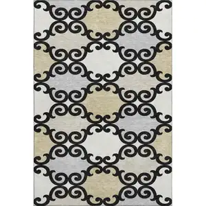 Photo of Black Gold And Gray Trellis Washable Area Rug With UV Protection