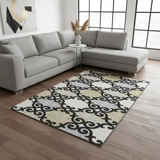 Black Gold And Gray Trellis Washable Area Rug With UV Protection Photo 2