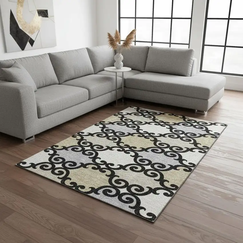 Black Gold And Gray Trellis Washable Area Rug With UV Protection Photo 2