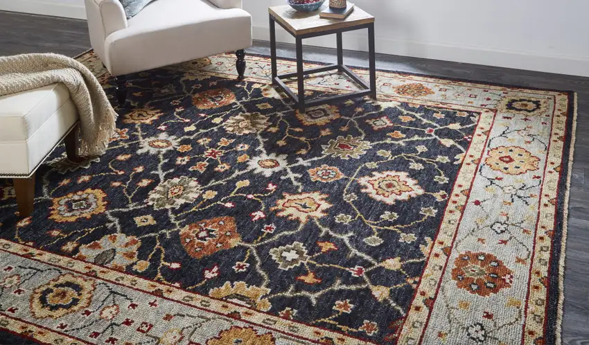 Black Gold And Gray Wool Floral Hand Knotted Stain Resistant Area Rug With Fringe Photo 7