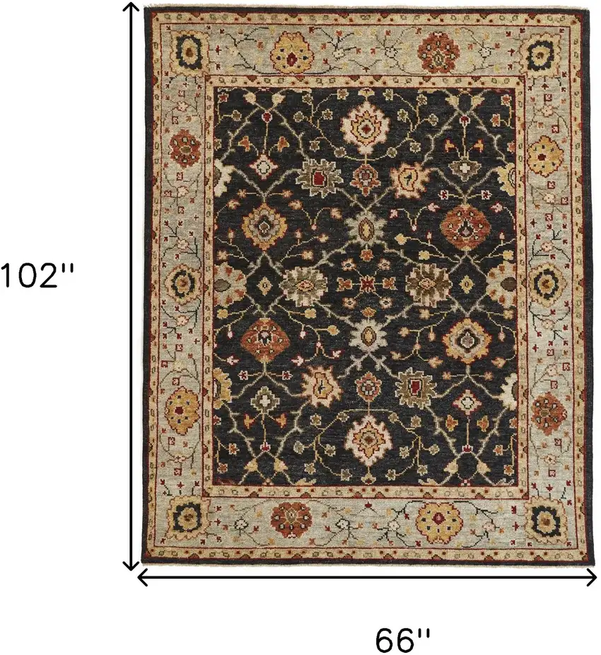 Black Gold And Gray Wool Floral Hand Knotted Stain Resistant Area Rug With Fringe Photo 8