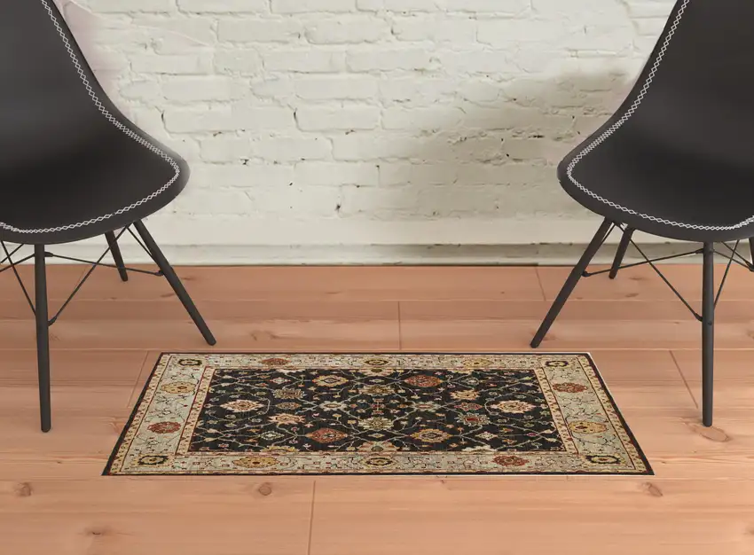 Black Gold And Gray Wool Floral Hand Knotted Stain Resistant Area Rug With Fringe Photo 4
