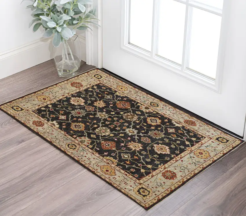 Black and Gold Wool Floral Hand Knotted Area Rug With Fringe Photo 1