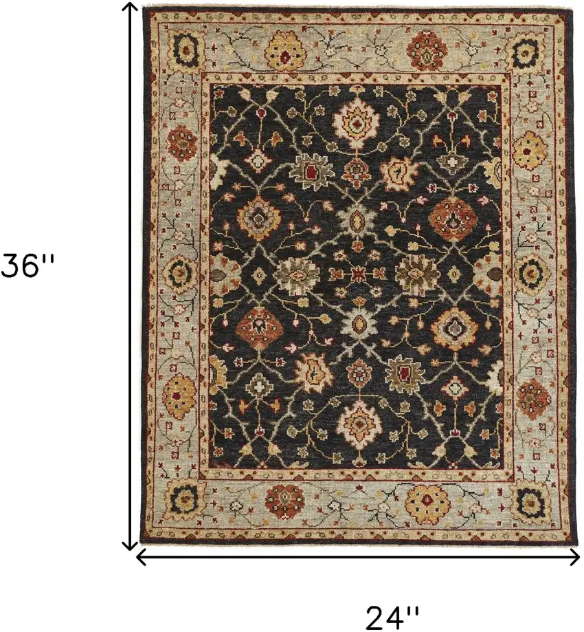 Black Gold And Gray Wool Floral Hand Knotted Stain Resistant Area Rug With Fringe Photo 8