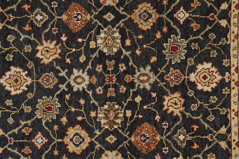 Black Gold And Gray Wool Floral Hand Knotted Stain Resistant Area Rug With Fringe Photo 5